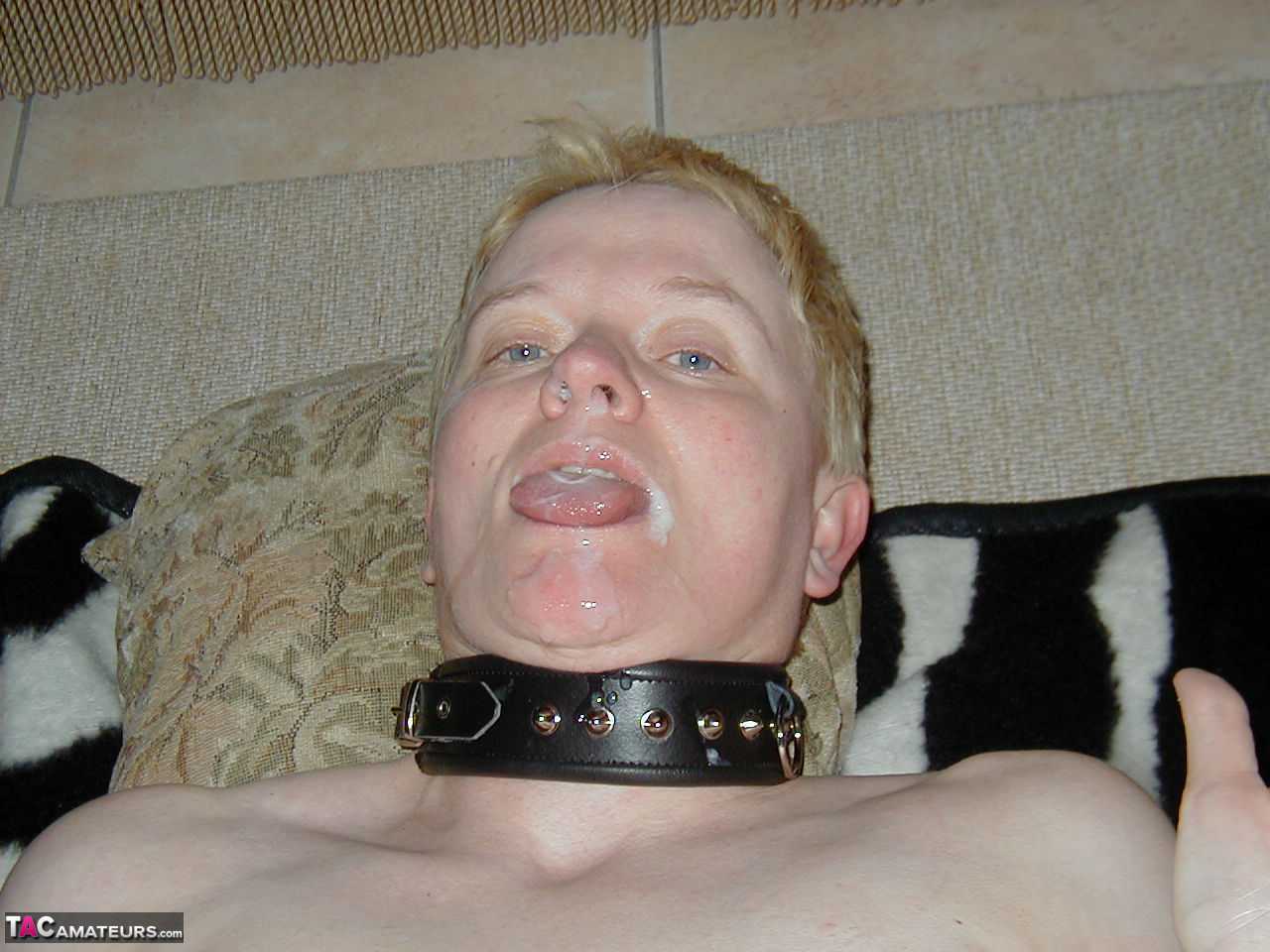 Tiffany Pearl's Kinky Slave Collar Fuck with a Mature Lady with Short Hair and Big Saggy Tits Ends in an Amateur Faci...