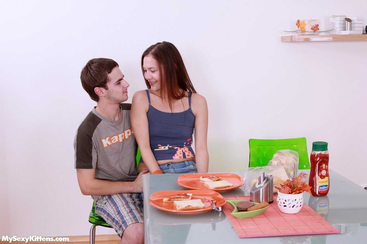 Young looking Pascalle engages in foreplay with her guy before riding his cock and giving him a cute redhead blowjob - Pas...