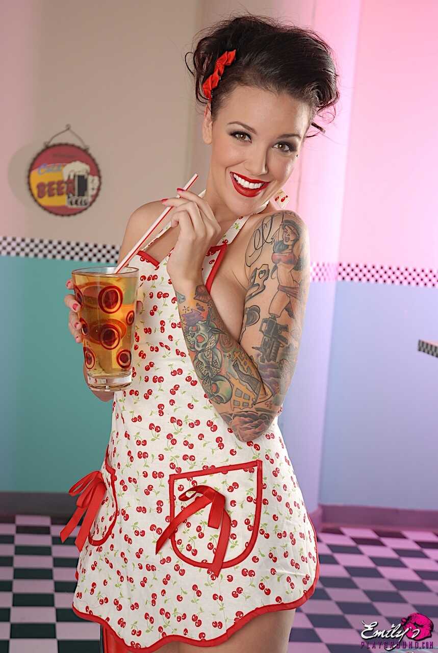 Hot retro waitress Emily Parker naked in her apron spreading on a diner table (with a big titted Asian maid)- Emily Parker...