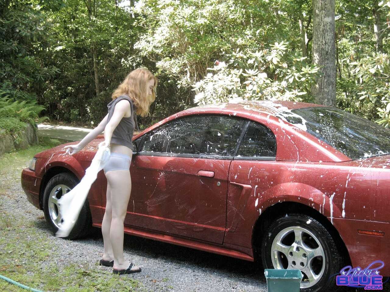 Nicki Blue Washes Her Red 2004 Mustang At The Car Wash