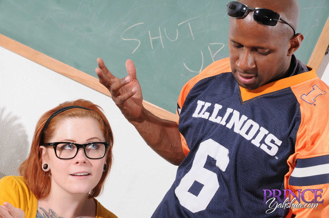 Geeky redhead Misty Dawn gets a double penetration from her teacher's big black dick and his small white friend in cl...
