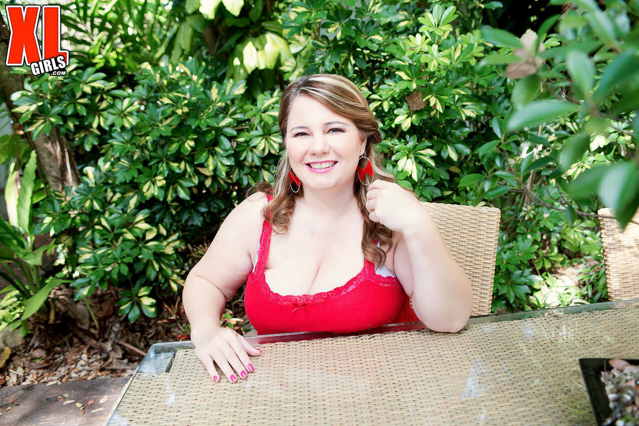 Big Titted Blonde BBW Cj Woods Strips Down to Her Bra and Denim Shorts on the Patio - Cj Woods