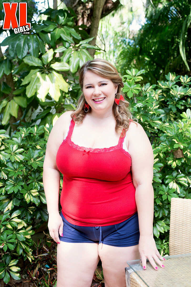 Big Titted Blonde BBW Cj Woods Strips Down to Her Bra and Denim Shorts on the Patio - Cj Woods