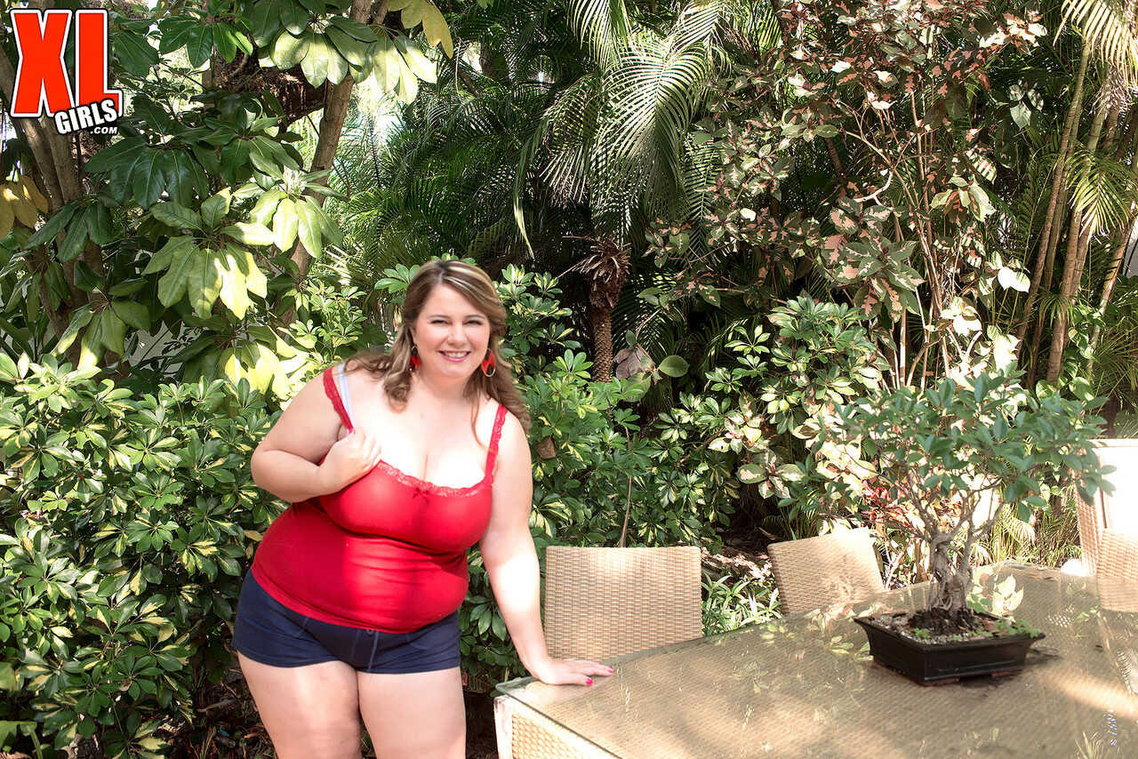 Big Titted Blonde BBW Cj Woods Strips Down to Her Bra and Denim Shorts on the Patio - Cj Woods