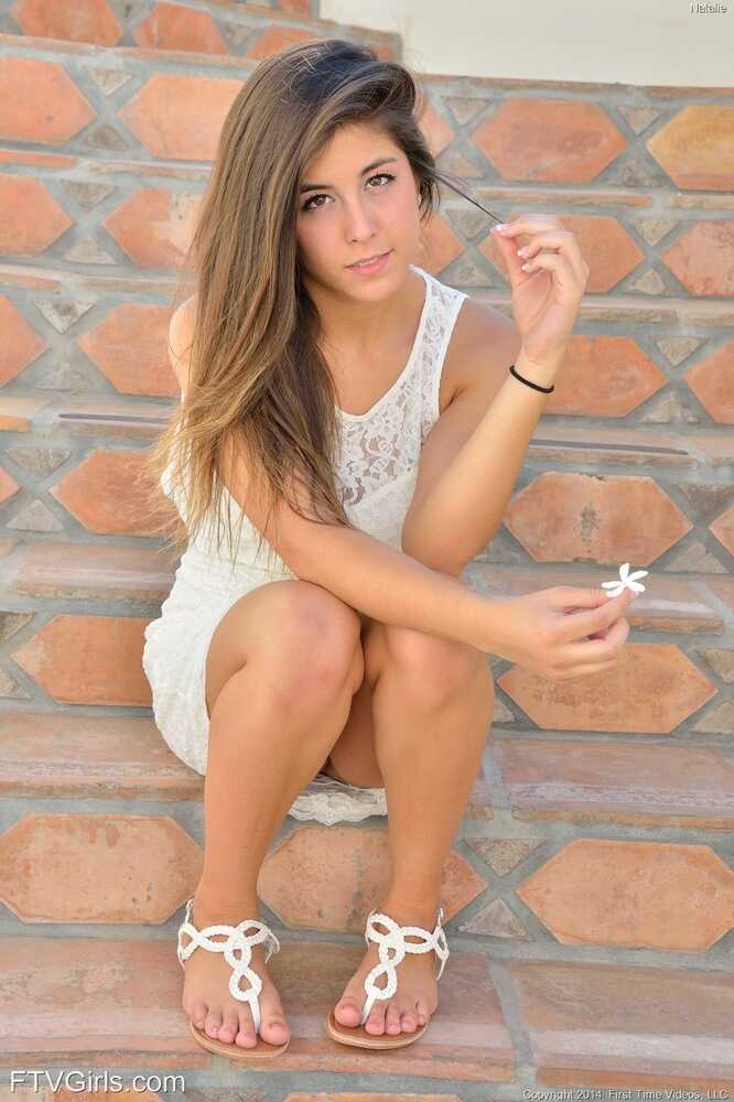 Young brunette cutie inserting massive dildo into tight vagina outdoors while wearing hot sandals and perfect teen body. -...