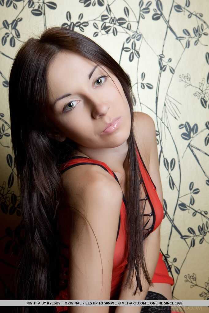 Naughty Night A: Sexy Brunette Teen Shows off her Trimmed Pussy and Meaty Twat in Black Nylons - Night A
