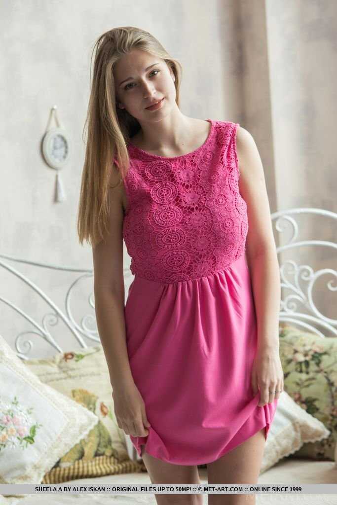 Gorgeous young honey with big tits Sheela A reveals her shaved muff in a tight pink dress and heels! - Sheela A