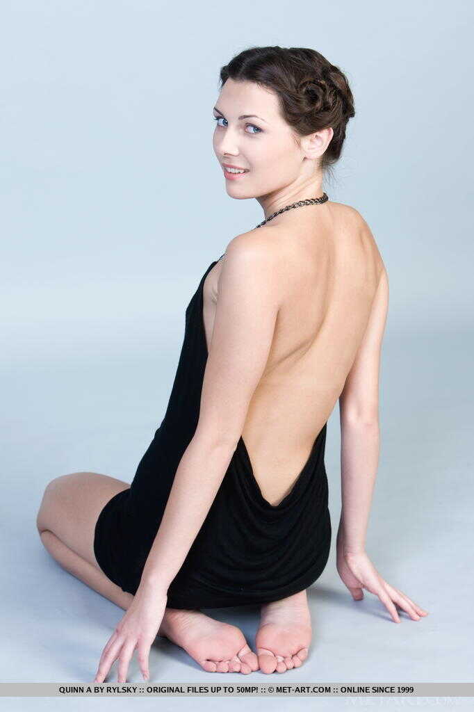 Gorgeous Quinn A strips off her black dress to reveal her tight pussy in close up - Quinn A