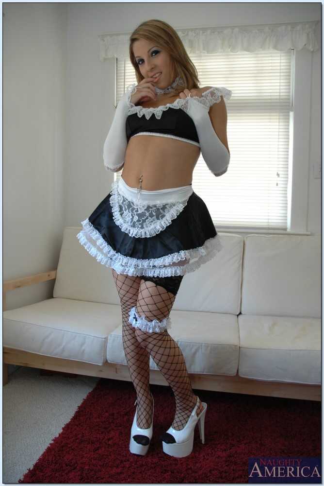 Busty blonde Karina Kay gets her maid uniform off and poses in stockings, revealing her big tits - Karina Kay
