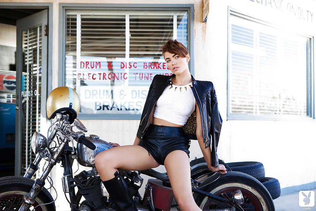 Britt Linn's Short-haired Biker Girl Demonstrates Her Flawless Curves Outdoor