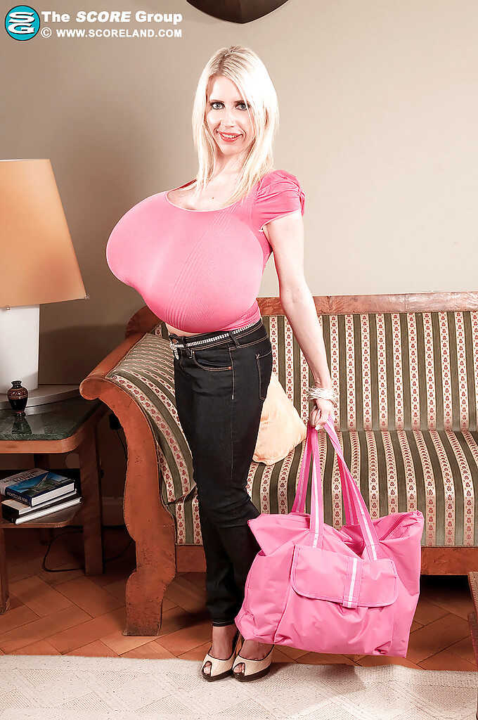 Mature Blonde in Tight Jeans Beshine Busting Out of Her Top with Her Extremely Huge Juggs - Beshine