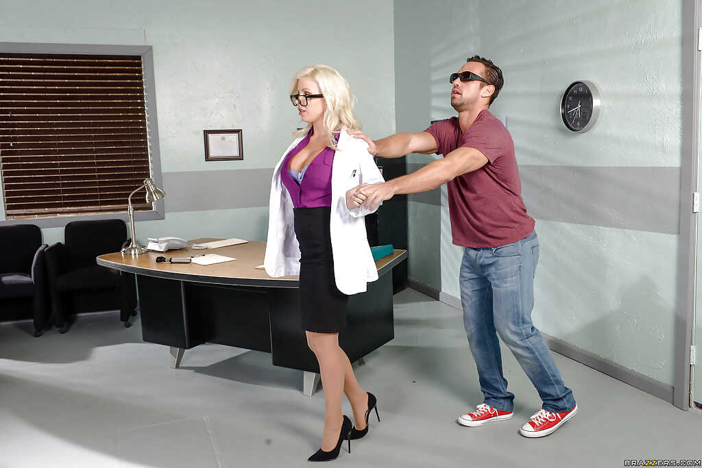 Blonde nurse Savannah Stevens's big tits and ass get covered in cum after she takes a glasses cumshot in the office -...