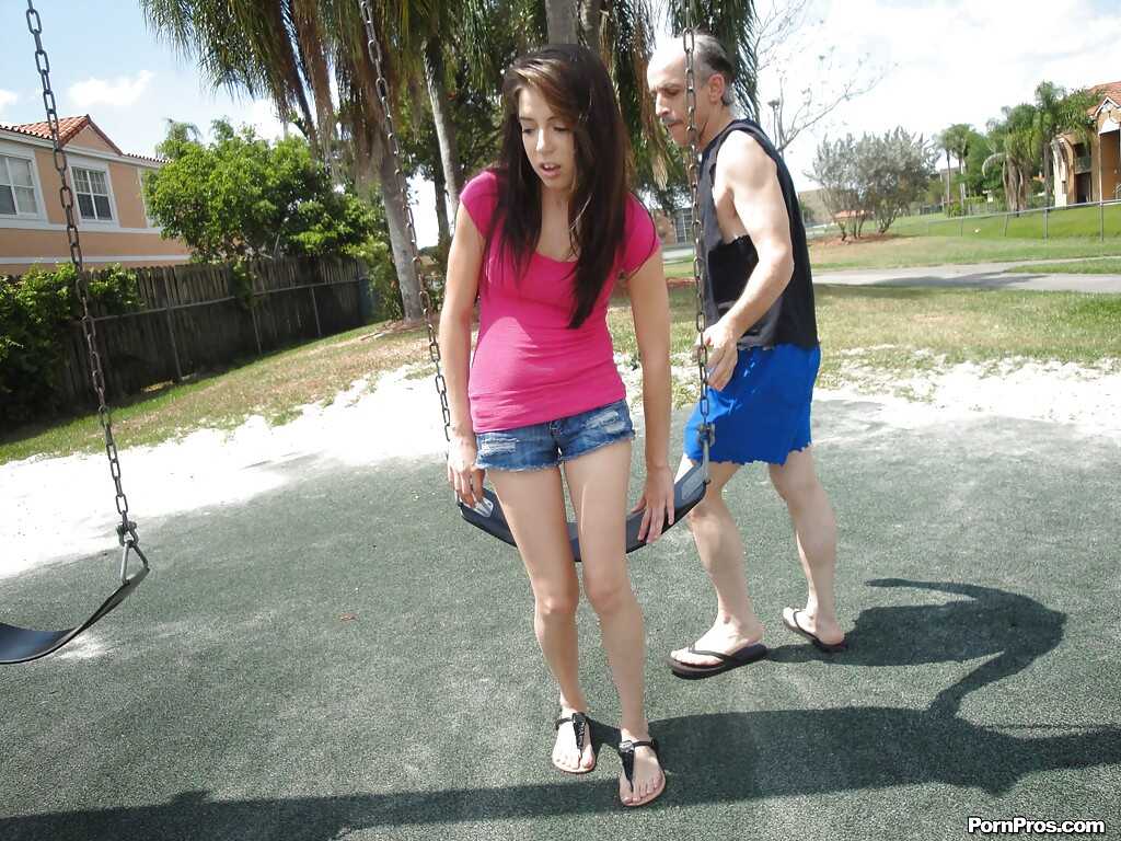 The Steamy Encounter of Young Allison Banks with the Horny Old Geezer and his Rigid Rod in Tight Blue Shorts - Allison Banks