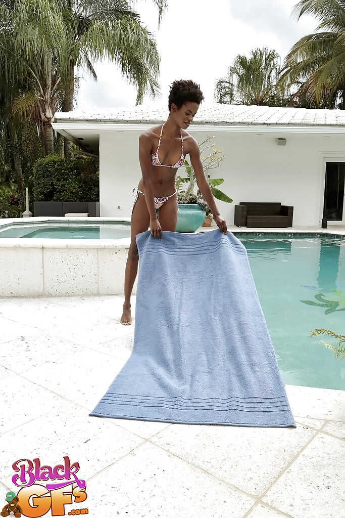 Mila Dulce's First Time: Skinny Black Amateur Strips Off Her Bikini to Sunbathe Nude by the Pool - Mila Dulce
