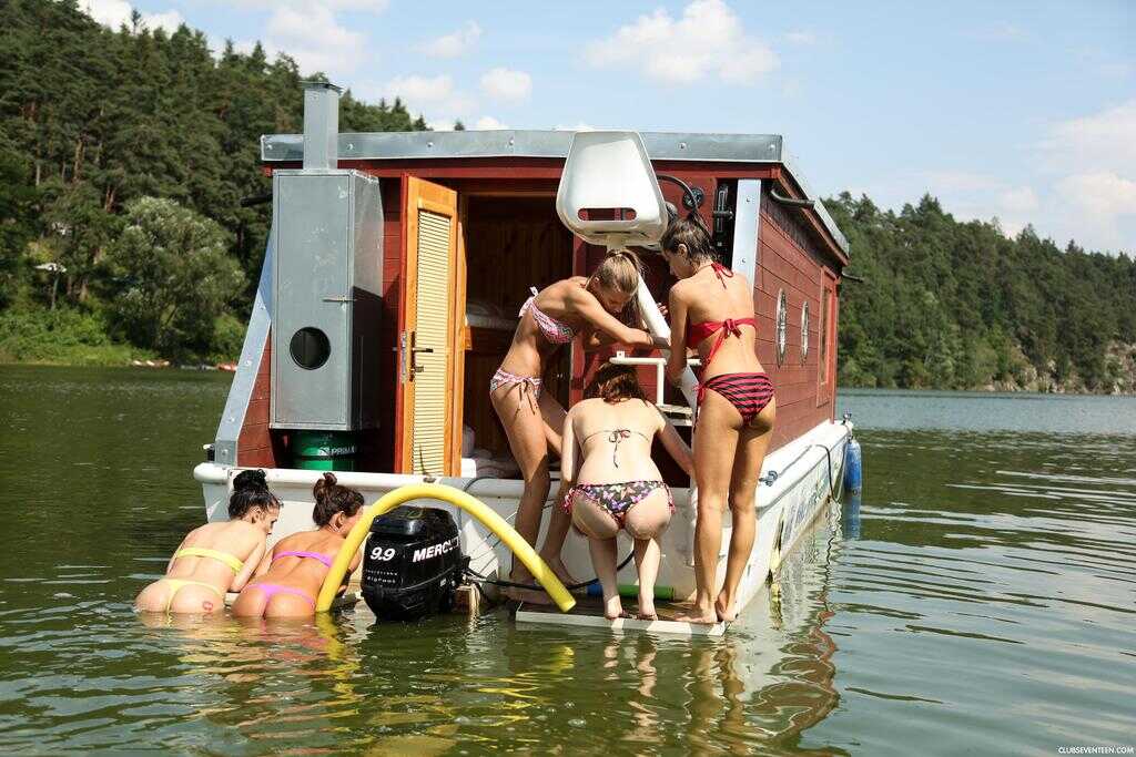 Naked River Nymphs: A Group of Nude Teenage Girls on a Raft in the Wilderness