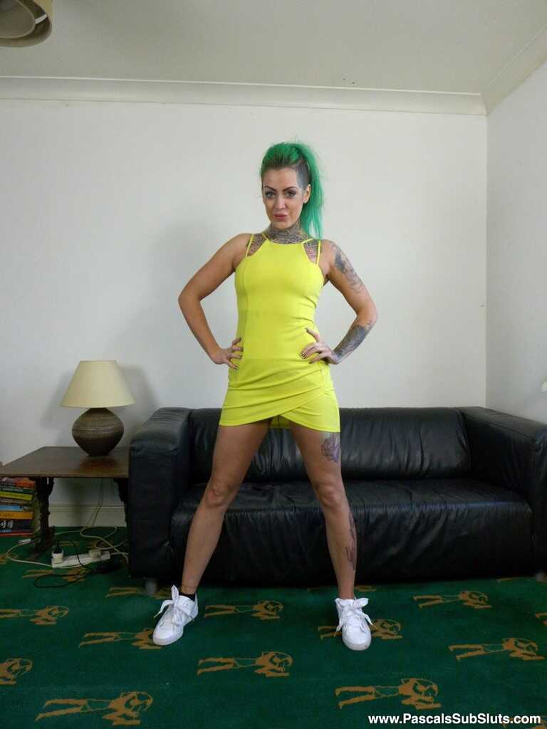 Phoenix's Inked Ass Exposed: Naked Amateur Stripper with a Sexy Yellow Dress and Pussy Tattoo - Phoenix Madina