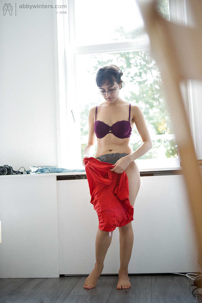 Skinny nerd Yasmeena slips into jeans and panties while exposing her saggy tits and hairy pussy - Yasmeena