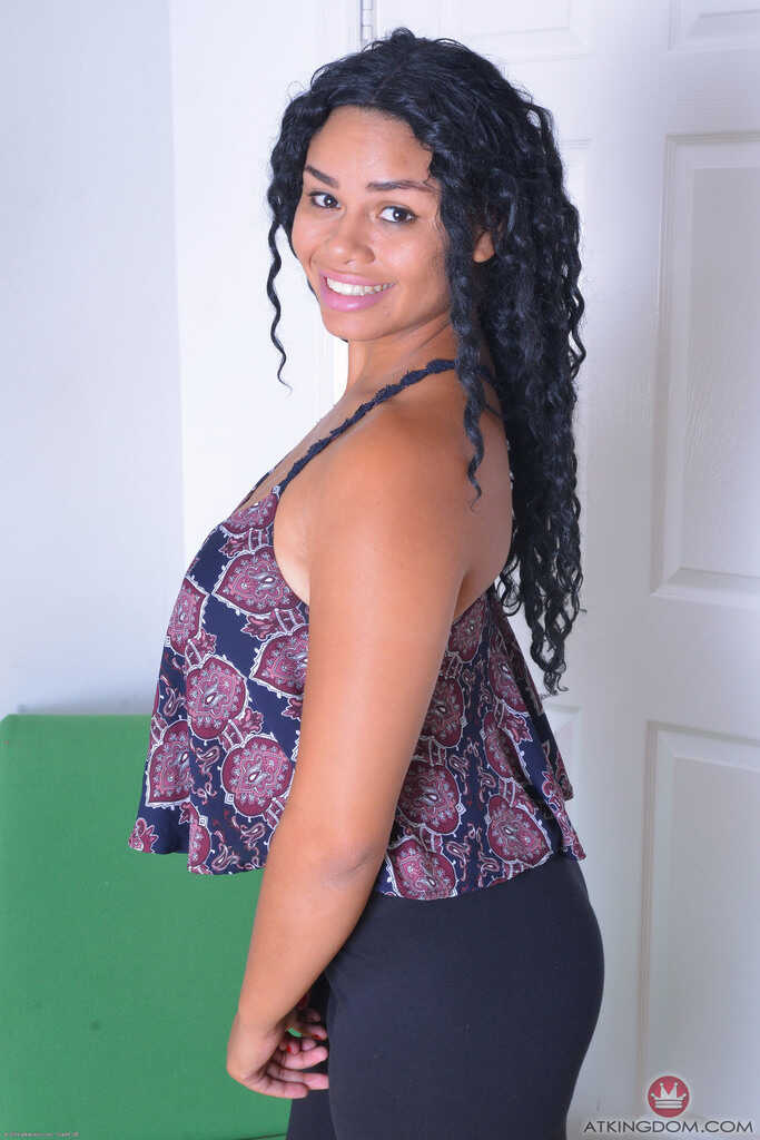 Busty ebony babe Millie Stone spreads her legs wide open in tight yoga pants to reveal her wet and ready pink pussy and ju...
