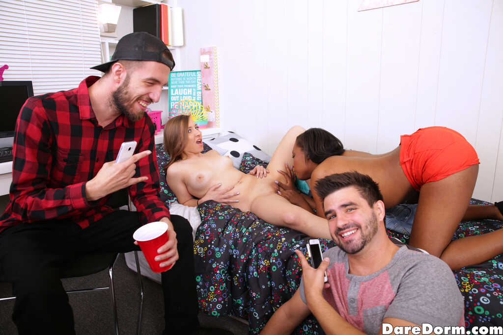 Naughty Co-eds Gracie May Green and Marina Woods Share Their Big Black Tits with a Lucky Guy in their Dorm Room 3some - Gr...