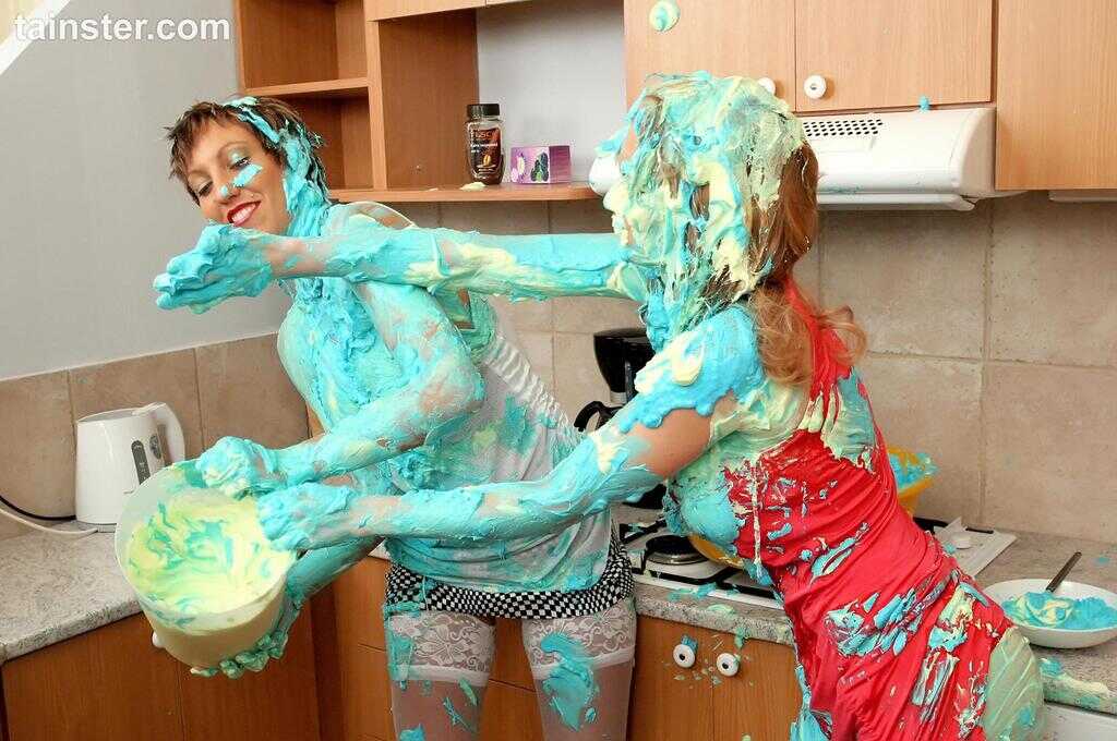 Messy Muffins: Oiled Ass Cakes in the Kitchen with Clothed Women