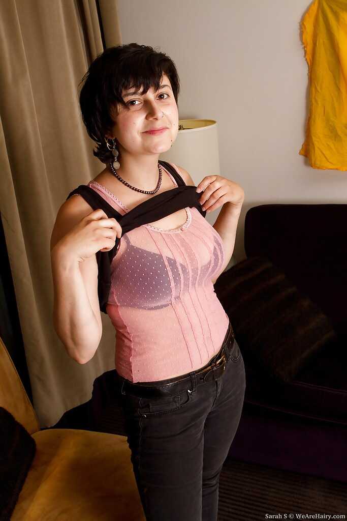 Hairy MILF Sarah S strips down to her lingerie and spreads her wet pussy for you! - Sarah S