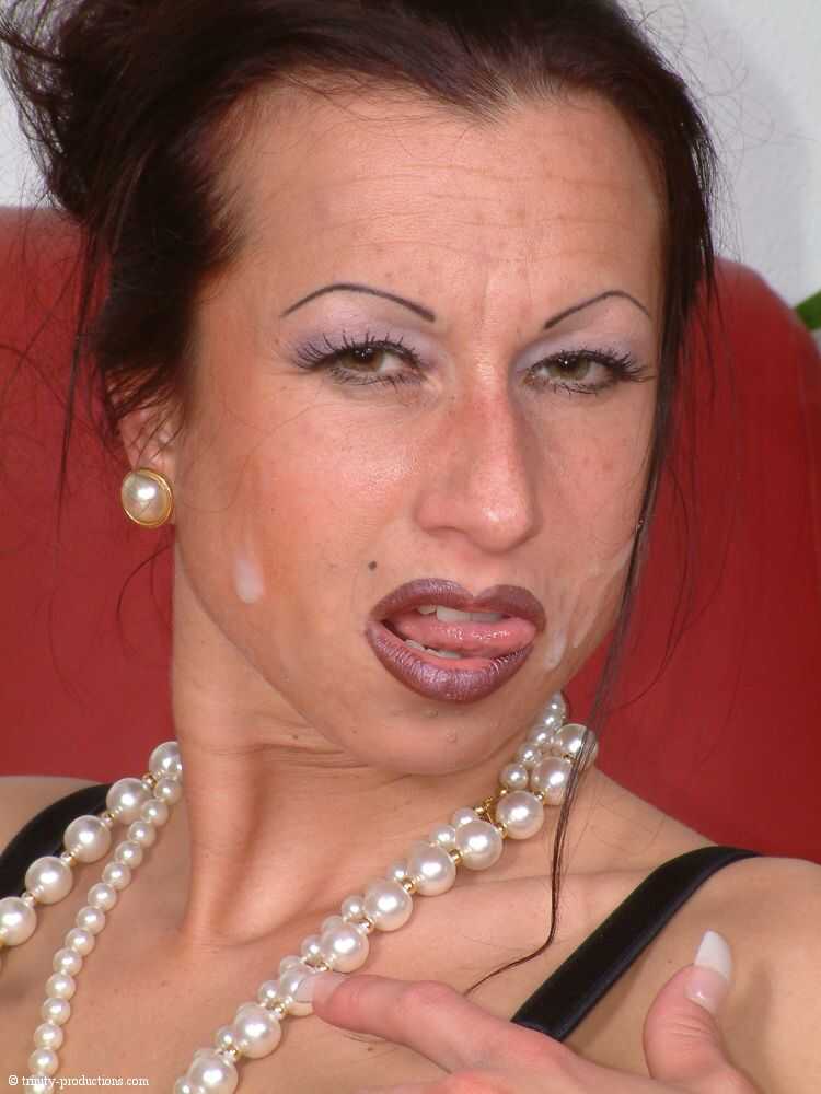 Elegant MILF gets a triple penetration in glasses and stockings, ending with a facial cumshot on Trinity's mature fac...