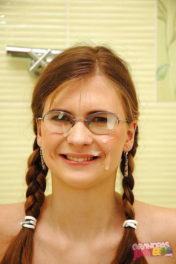 Nerdy Brunette in Glasses Receives a Tall, Dark and Handsome Older Gentleman's Love Making in the Steamy Showers - Br...