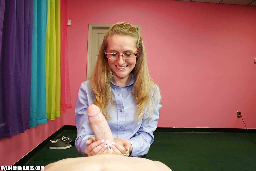 The Fully Clothed Mature Blonde in Glasses Gets Really Excited When She Sees a Big Dick and Takes It Out of Her Pants to J...