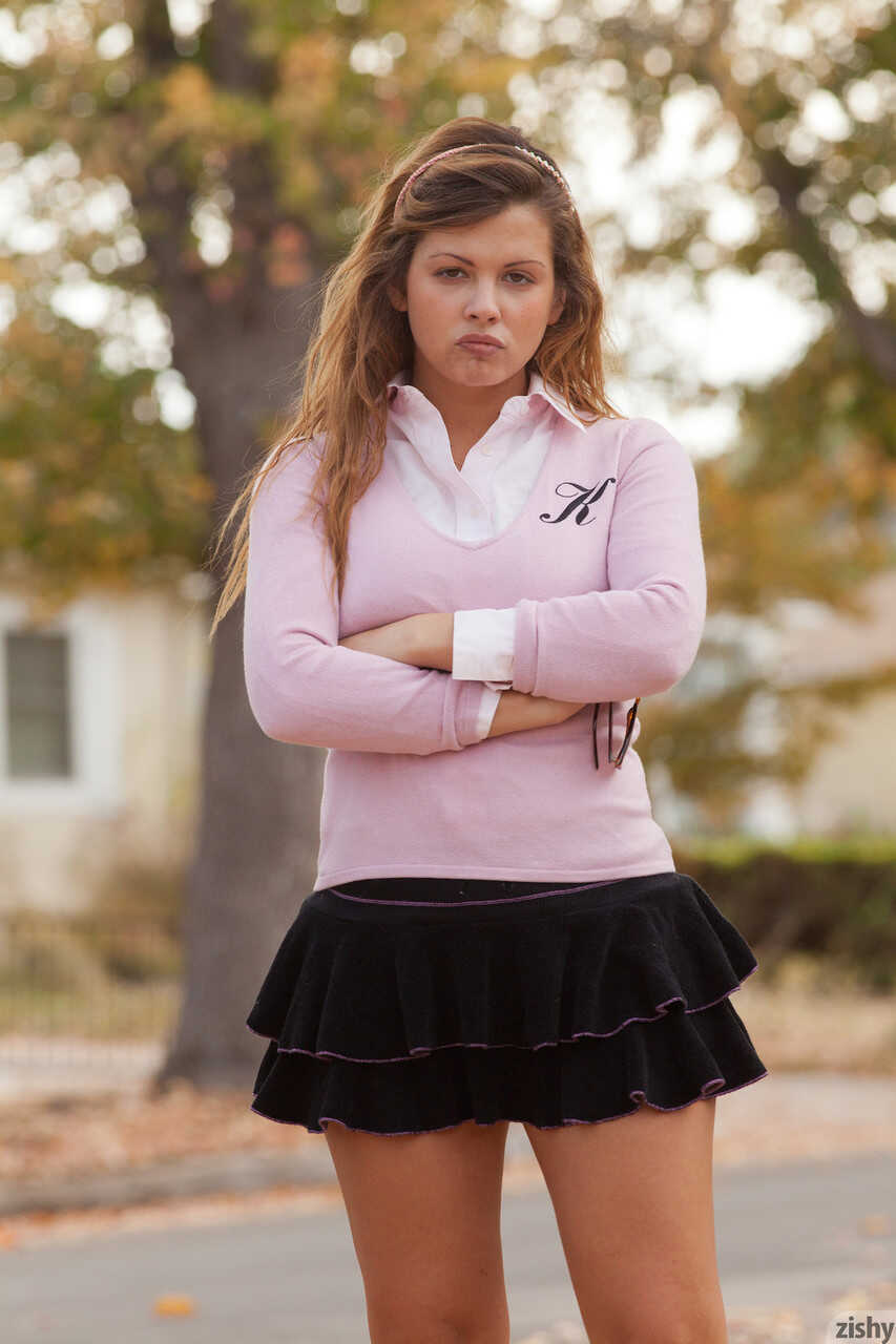 Latina schoolgirl Keisha Grey flashing an upskirt & her big tits outdoors in the park - Keisha Grey