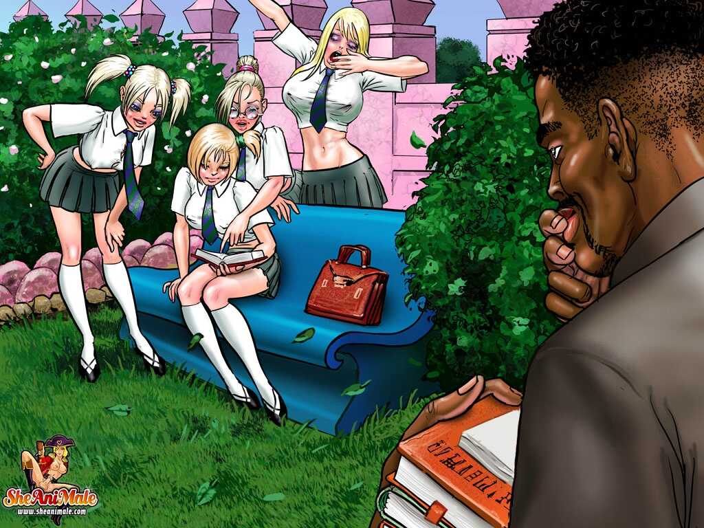 Cartoon Shemale Schoolgirls Gangbang their Black Teacher and Cum Showers! - 
