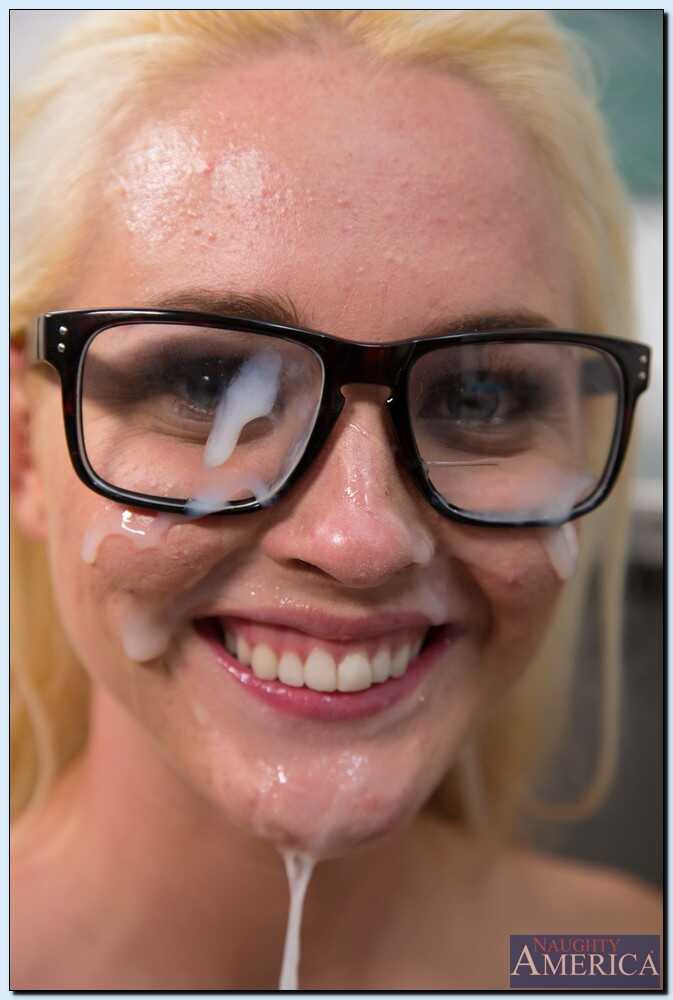 Blonde nerd Ashley Stone gets her glasses covered in cum by Johnny Sins after fucking him on the desk in his office. - Ash...
