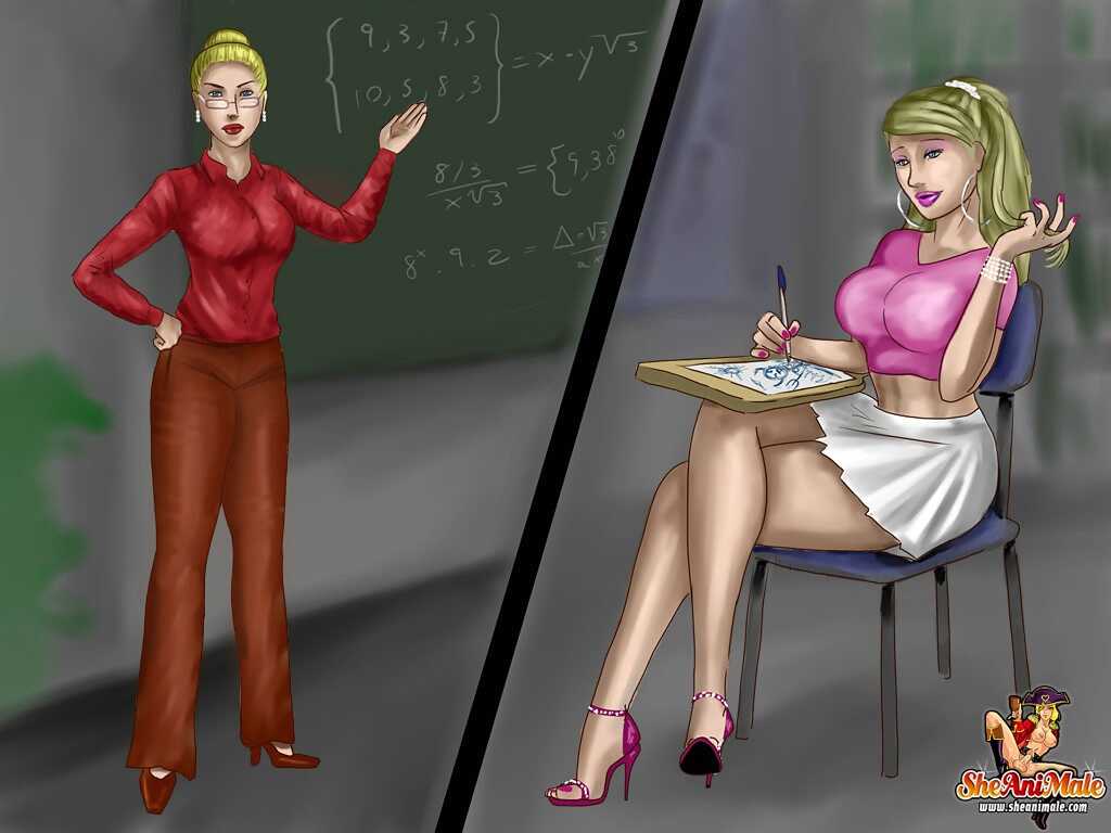Ms. Spit Roast, the hentai teacher, gets double penetrated by her shemale pupils - 
