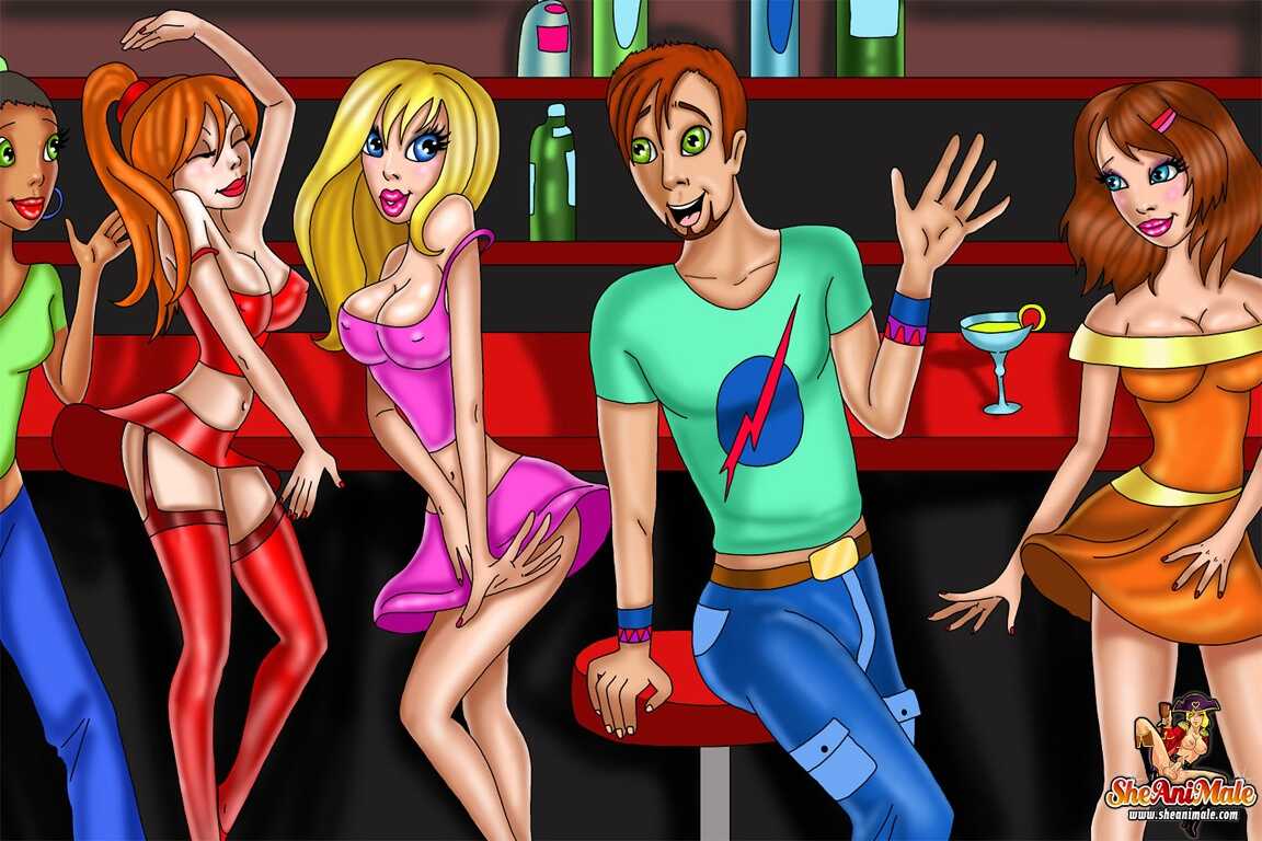 Cartoon Shemales Fuck The Ginger DJ And Cum All Over His Face In A Club! - 