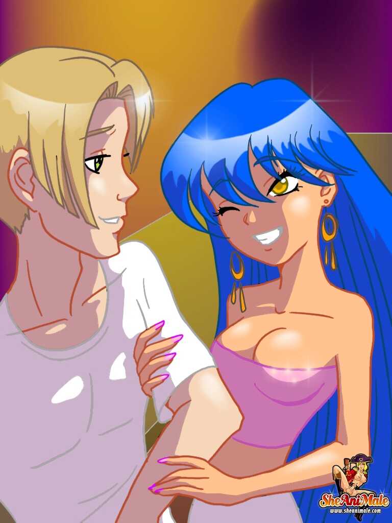 Blue-haired Shemale Gets Hard and Pounds Blonde Guy's Butt in Animated Cartoon