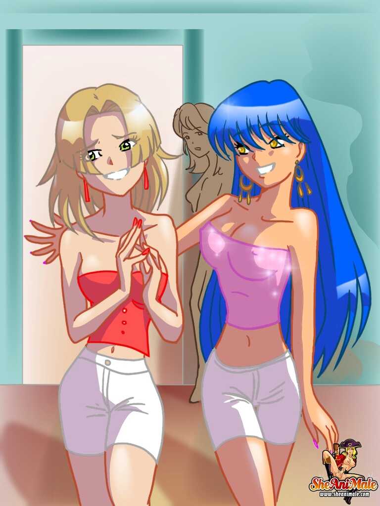 Blue-haired Shemale Gets Hard and Pounds Blonde Guy's Butt in Animated Cartoon - 