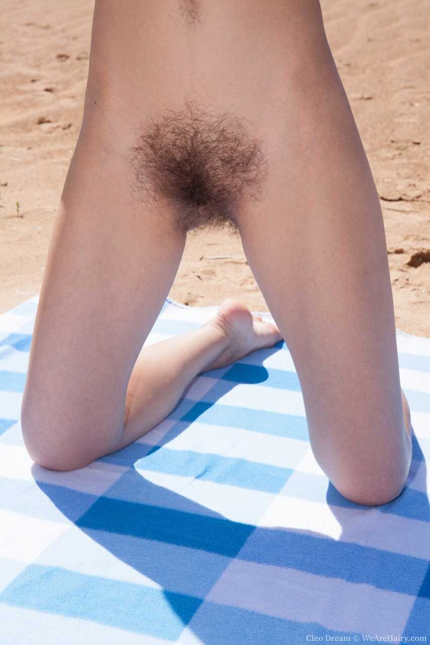 Hairy brunette Cleo Dream's raunchy beach masturbation session with her meaty lips and big labia exposed! - Cleo Dream
