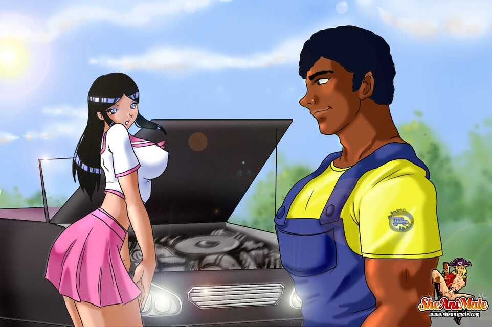 Two Cute Shemale Mechanics Fuck an Ebony Dude While Fixing His Car in a Steamy Porny Workshop - 