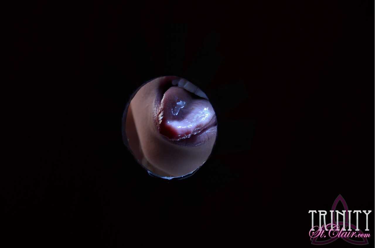Petite Trinity St Clair gets a huge surprise while gagging on a massive dick at the gloryhole toilet - Trinity St Clair