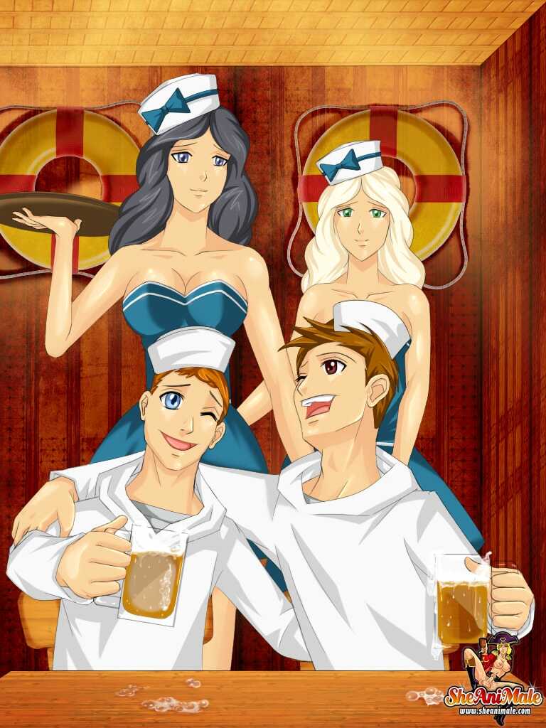 Tranny cartoons: Horny sailors get seduced by animated shemales, resulting in a sexy foursome - 