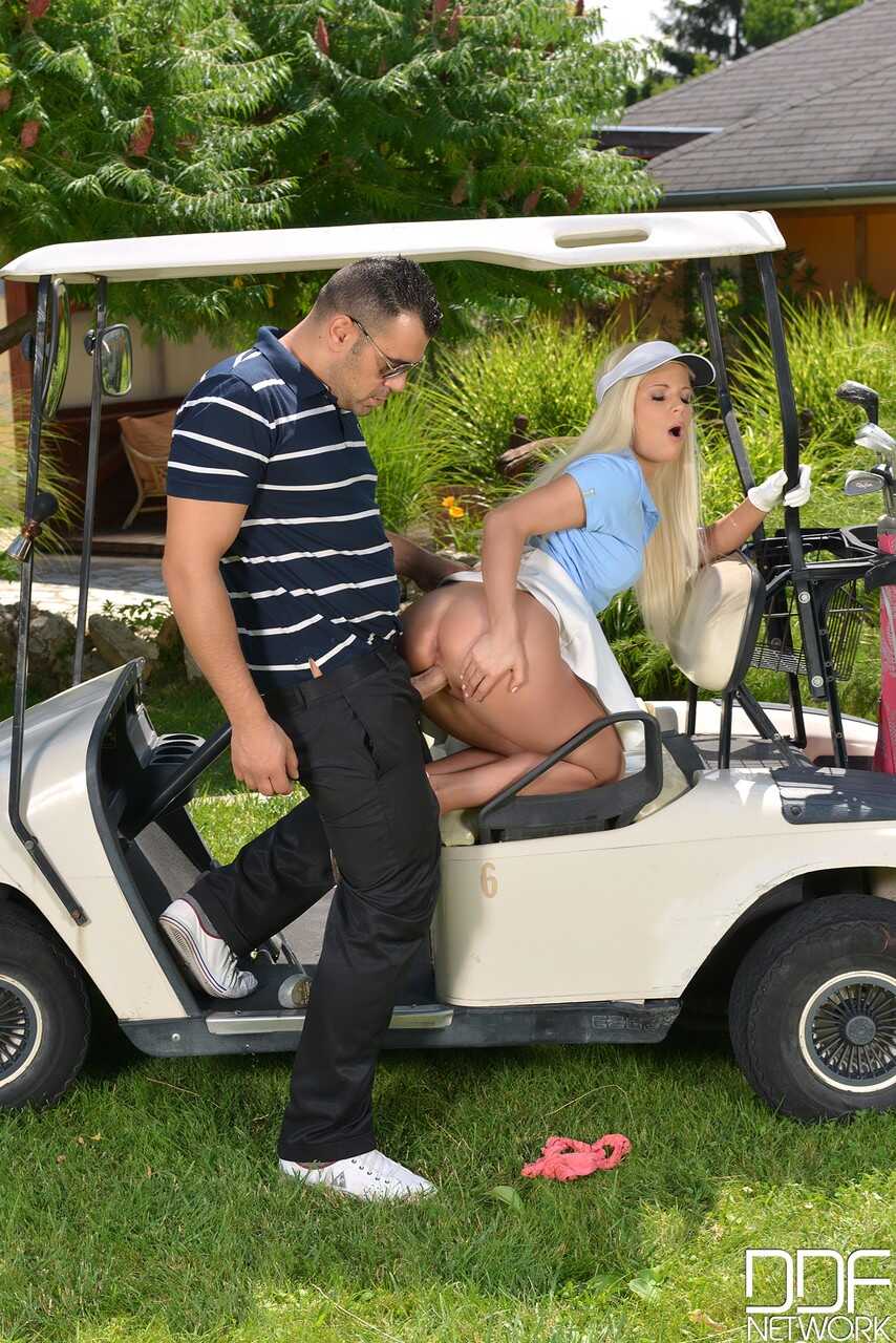 Blonde European golfer Candee Licious gets rammed and facialized on a golf cart by Antonio Ross