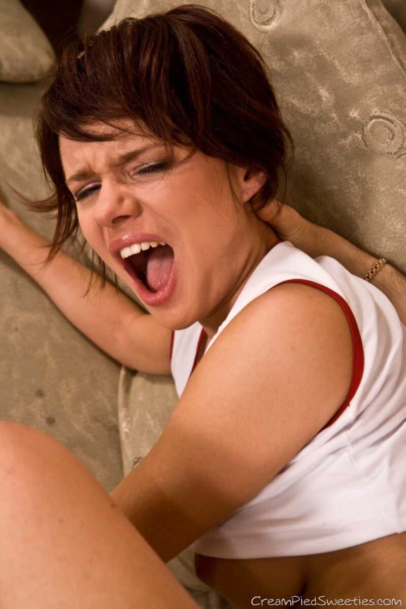 Busty short-haired teen Anna gets her pussy creampied by a curved dick after sucking it dry - Anna