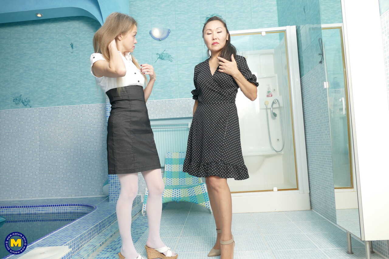 Mature Asian Lady Mongolia & teen Nelly getting tribbed in the bathroom! - Lady Mongolia, Nelly