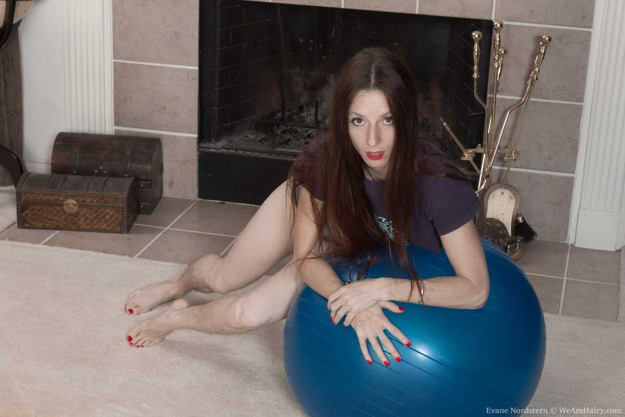 Skinny Brunette Exercises with Hairy Pussy on Fitness Ball for Evane's Firm Naturals - Evane Nordstern