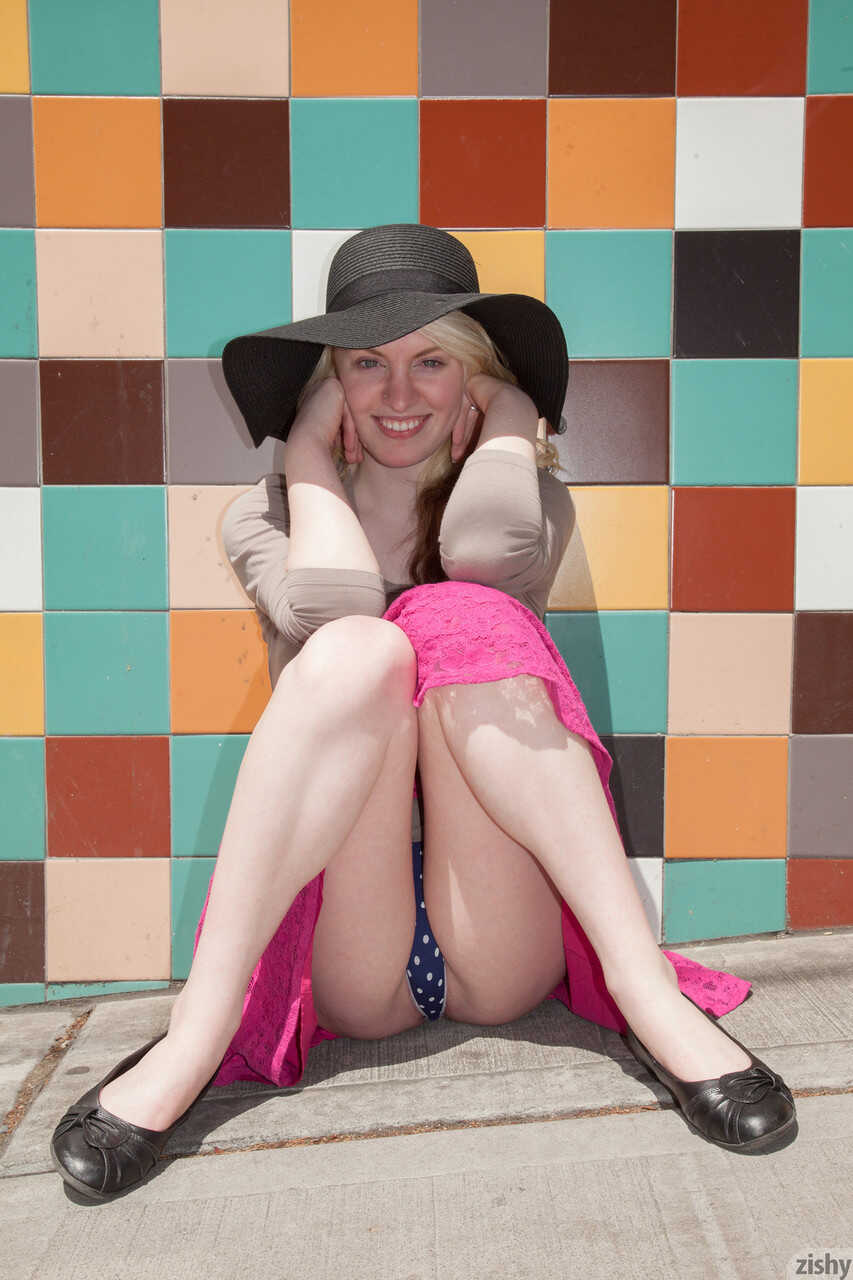 Public Upskirt Flashing: Pale Blonde Wynne Leonard Exposes Panties in the Streets - Wynne Leonard