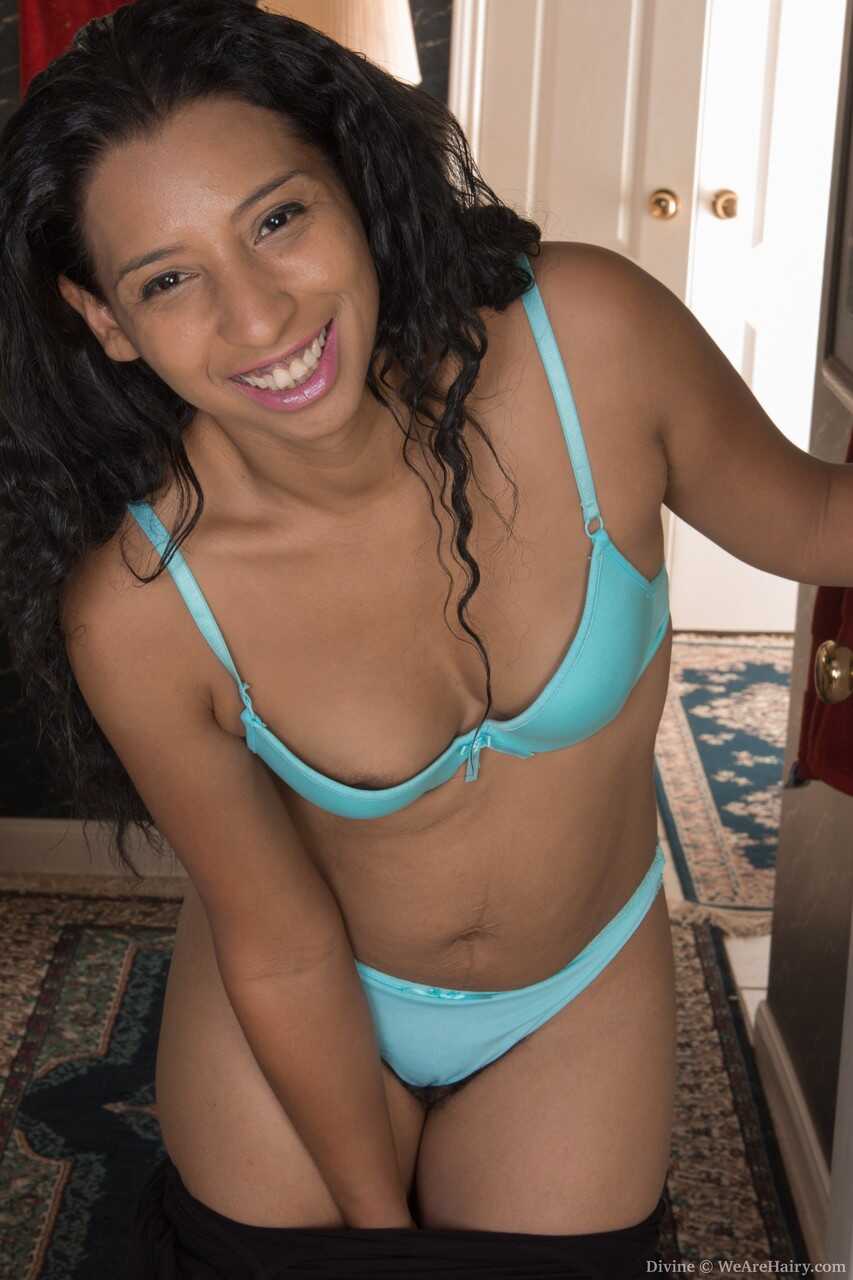Exotic Brunette with Perky Nipples Divine Strips and Teases Her Bushy Muff - Divine