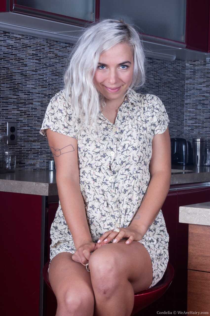 Blonde sweetie with tiny tits, Cordelia, gets bushy with her hairy muff and armpits - Cordelia