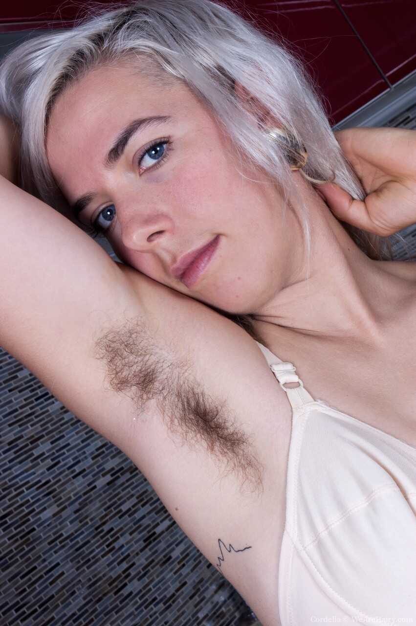 Blonde sweetie with tiny tits, Cordelia, gets bushy with her hairy muff and armpits - Cordelia