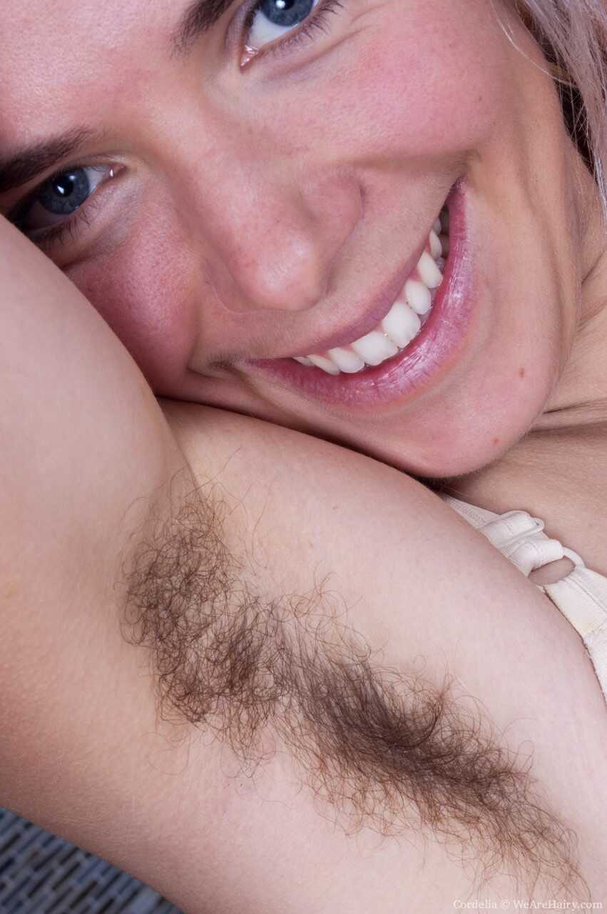 Blonde sweetie with tiny tits, Cordelia, gets bushy with her hairy muff and armpits - Cordelia
