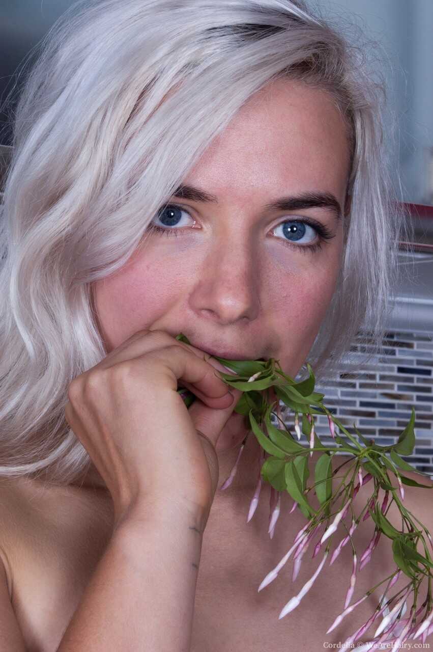 Blonde sweetie with tiny tits, Cordelia, gets bushy with her hairy muff and armpits - Cordelia