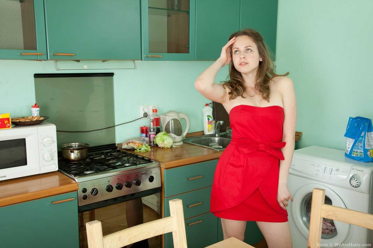 Brunette Katie Posing in the Kitchen with Her Hairy Cunt